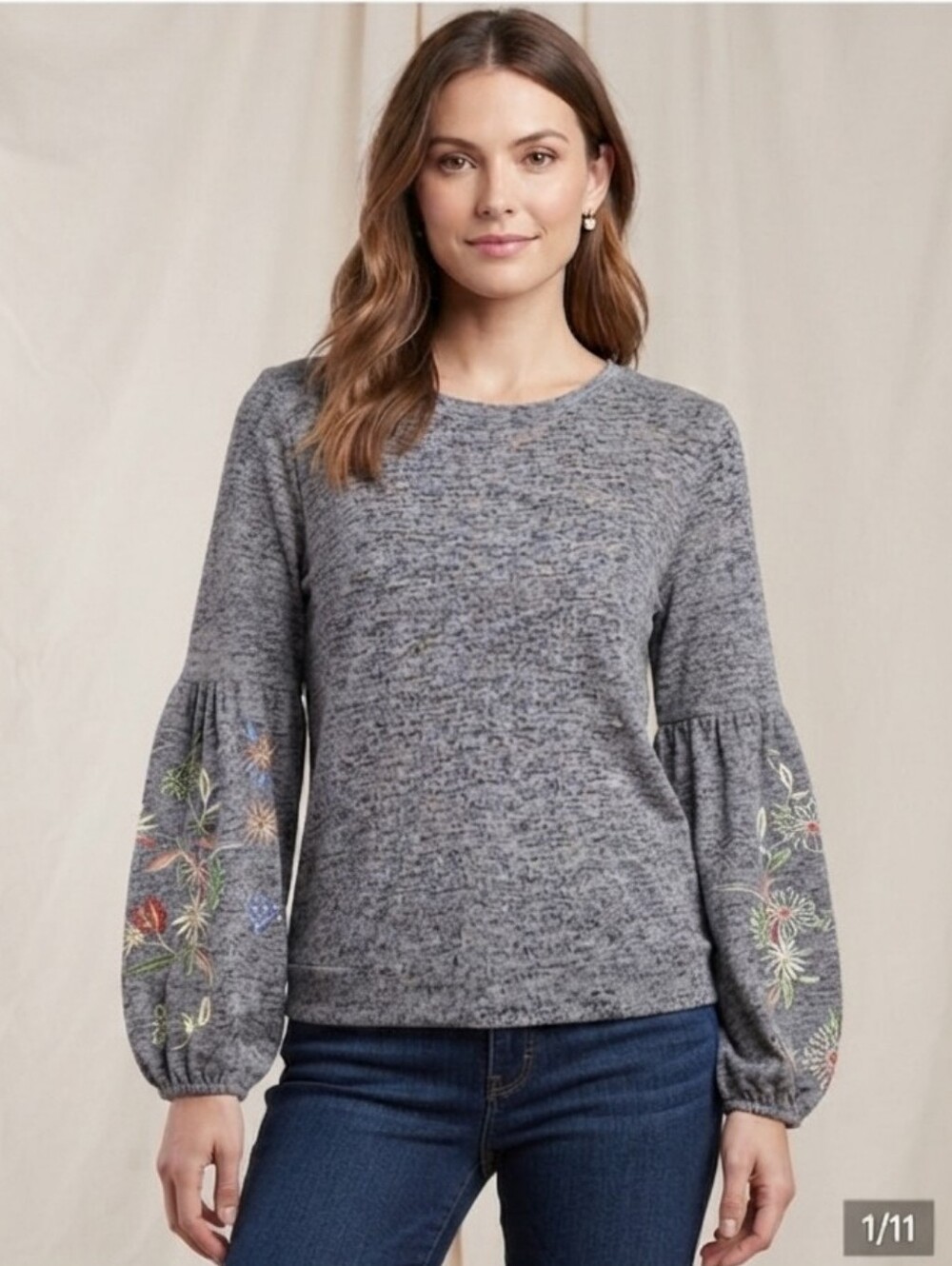 Time And Tru Gray Long Sleeve Top with Embroidered  Balloon Sleeves.Size Small +